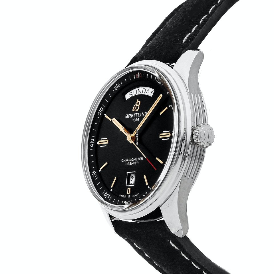  Shop Authentic Breitling Premier Automatic 40mm Day & Date Black Dial Black Leather Strap Mens Watch - A45340241B1P2 - Luxxuri