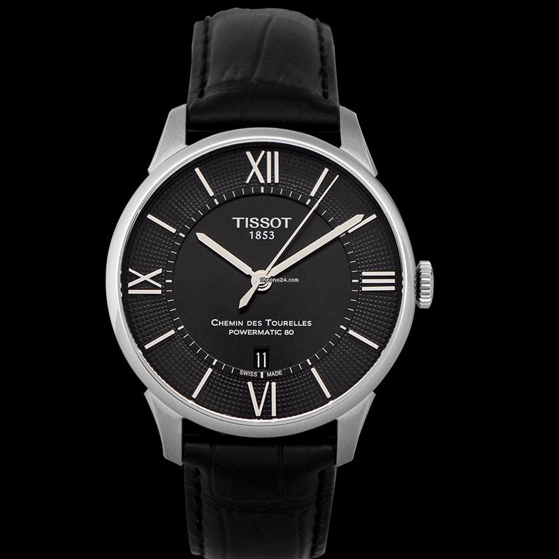 Tissot Chemin Des Tourelles Powermatic 80 Black Dial Black Leather Strap Watch For Men - T099.407.16.058.00