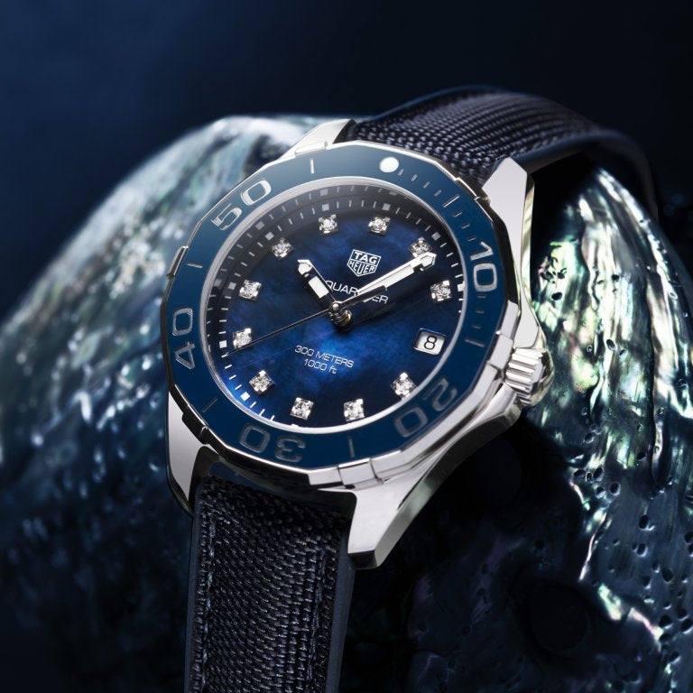 Tag Heuer Aquaracer Quartz Mother of Pearl Blue Dial Blue NATO Strap Watch for Women - WAY131L.FT6091