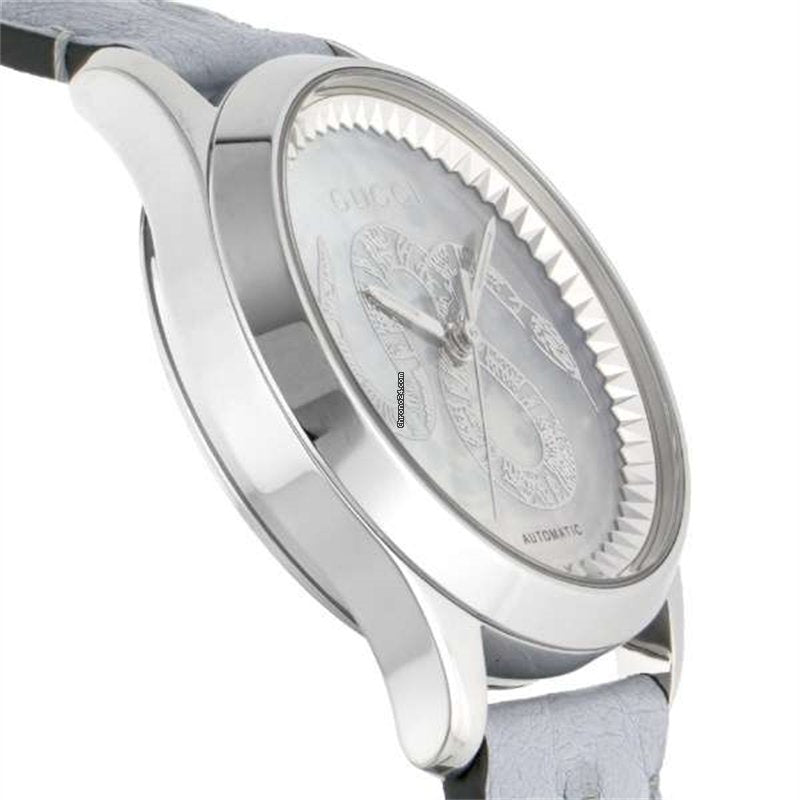 Gucci G Timeless Automatic Mother of Pearl Dial Blue Leather Strap Watch For Women - YA1264113