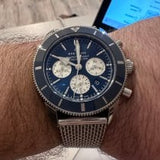  Shop Authentic Breitling Superocean Heritage B01 Chronograph 44 Blue Dial Silver Mesh Bracelet Watch for Men - AB0162161C1A1 - Luxxuri