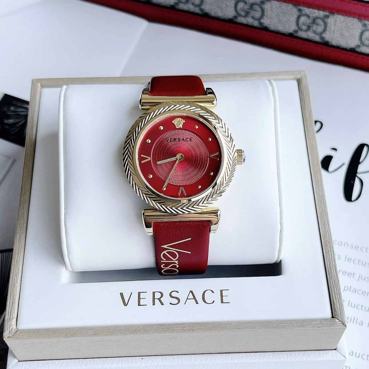  Shop Authentic Versace V-Motif Red Dial Red Leather Strap Watch for Women - VERE00418 - Luxxuri