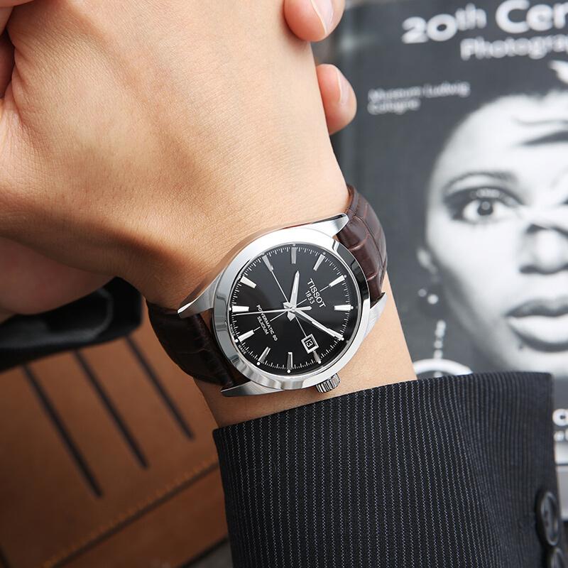 Tissot Gentleman Powermatic 80 Silicium Black Dial Brown Leather Strap Watch For Men - T127.407.16.051.01