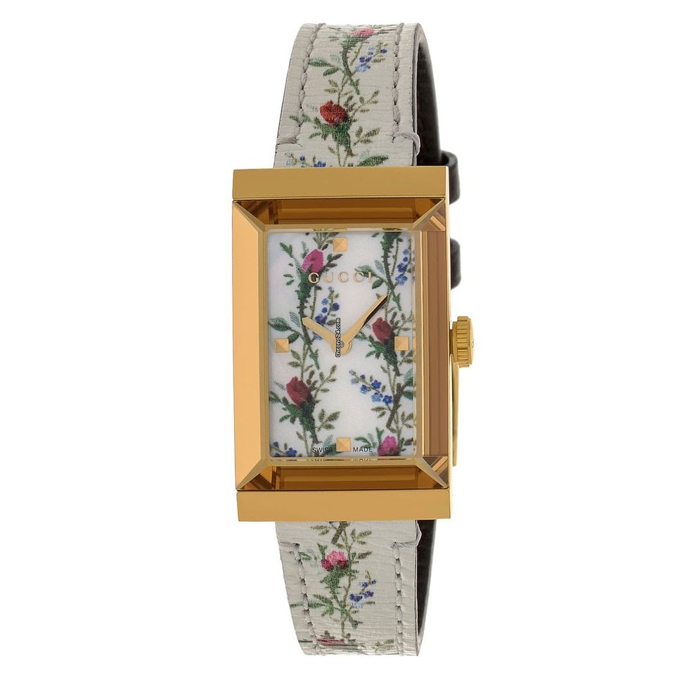 Shop Authentic Gucci G-Frame Floral Mother of Pearl Dial White Leather Strap Watch For Women - YA147407 - Luxxuri