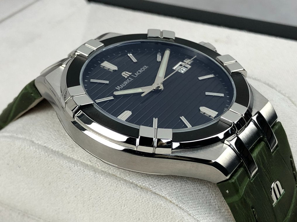  Shop Authentic Maurice Lacroix Aikon Quartz Black Dial Green Crocodile Leather Strap Watch for Men - AI1008-PVB21-330-1 - Luxxuri