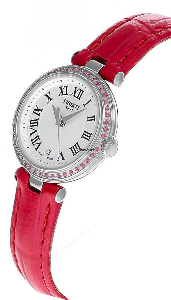  Shop Authentic Tissot Bellissima Small Lady Diamonds Mother of Pearl Dial Red Leather Strap Watch For Women - T126.010.66.113.00 - Luxxuri