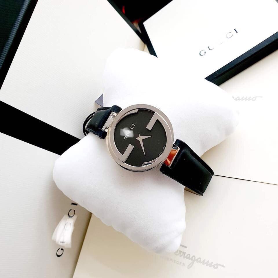  Shop Authentic Gucci G Interlocking Black Dial Black Leather Strap Watch For Women - YA133301 - Luxxuri