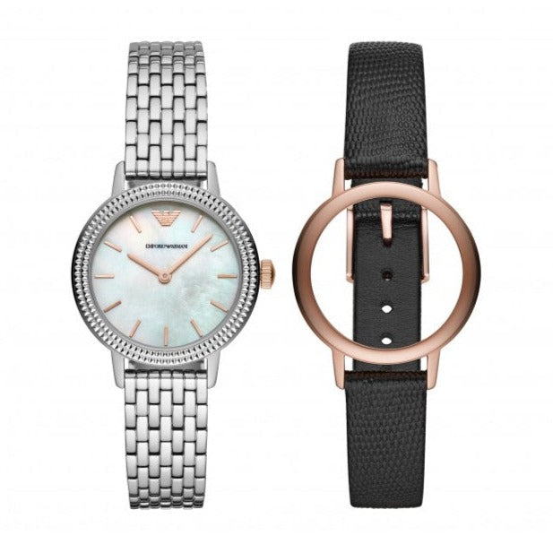  Shop Authentic Emporio Armani Interchangeable Analog Mother of Pearl Dial Silver Steel Strap Watch For Women - AR80020 - Luxxuri