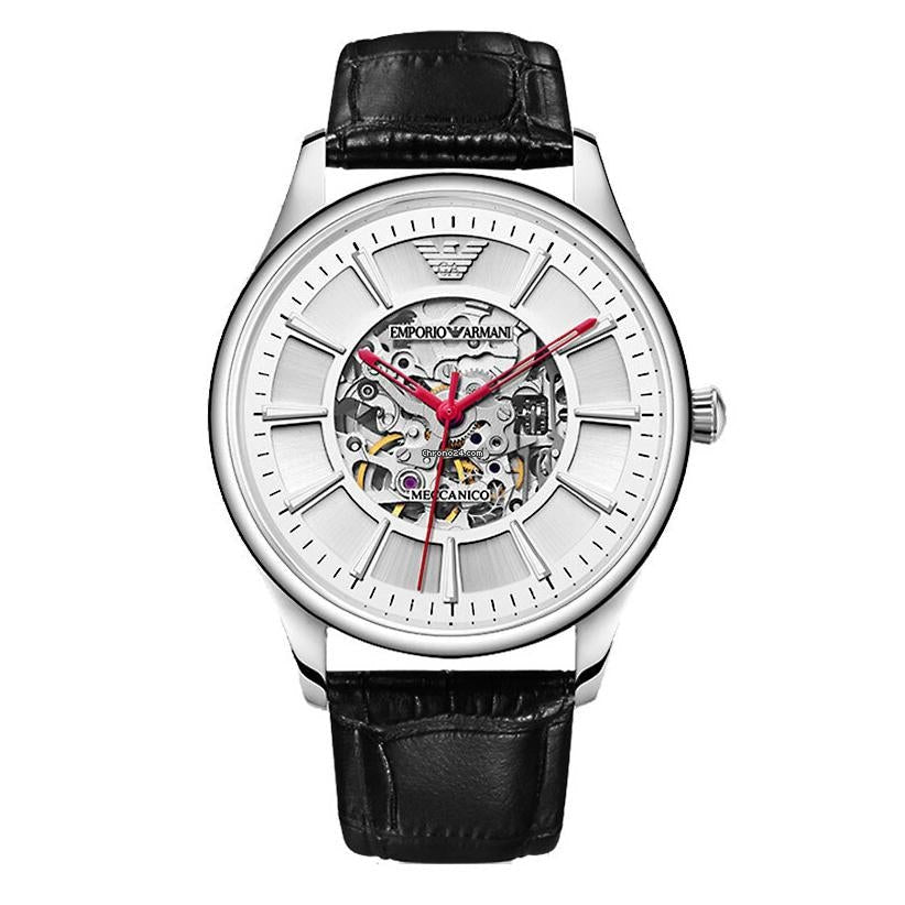  Shop Authentic Emporio Armani Meccanico Silver Skeleton Dial Black Leather Strap Watch For Men - AR2072 - Luxxuri