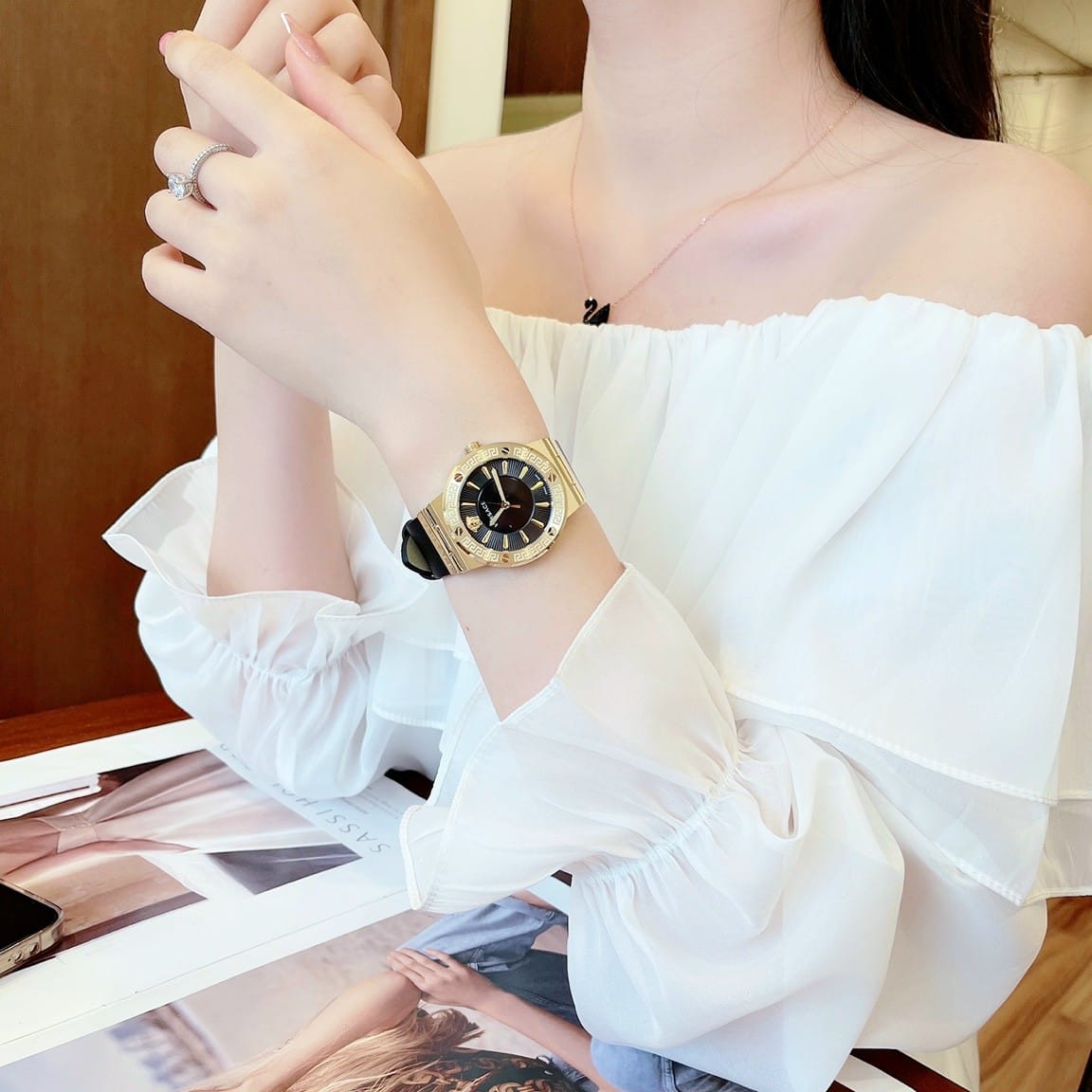  Shop Authentic Versace Greca Black Dial Black Leather Strap Watch for Women - VEVH00320 - Luxxuri