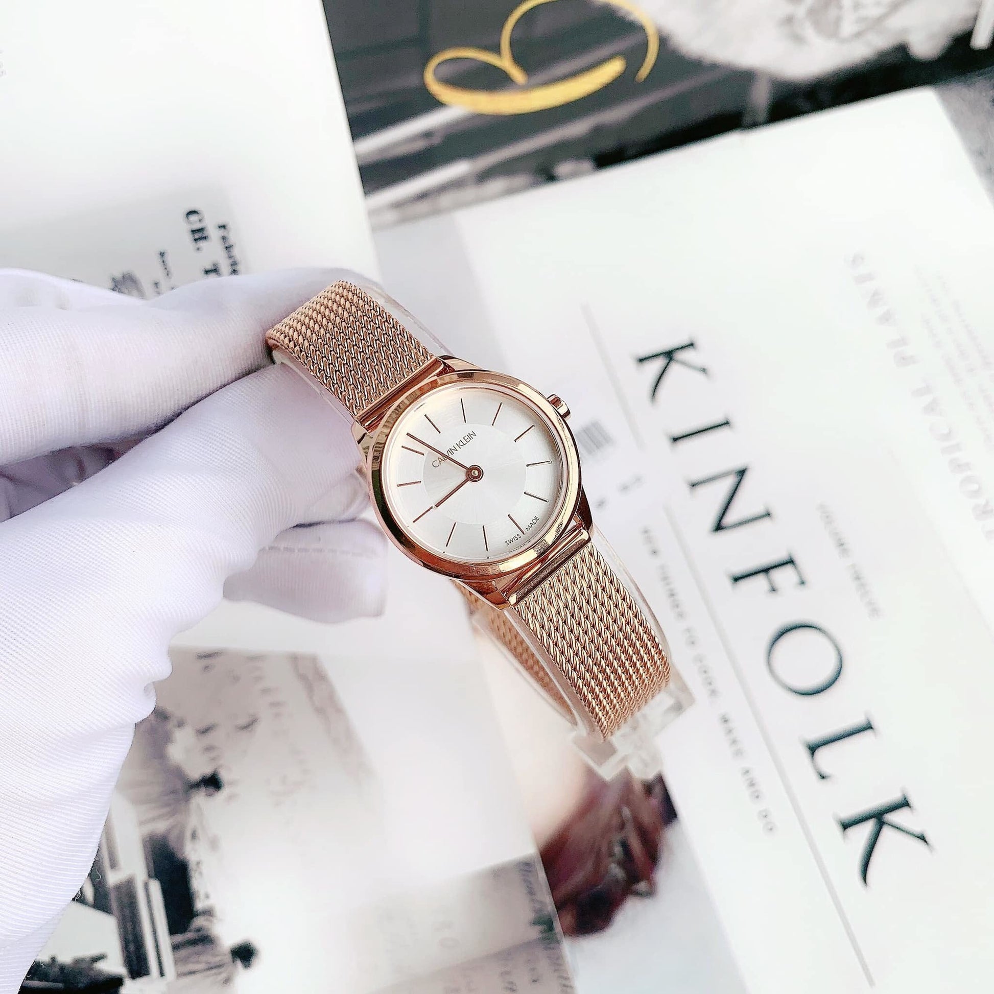  Shop Authentic Calvin Klein Minimal White Dial Rose Gold Mesh Bracelet Watch for Women - K3M23626 - Luxxuri