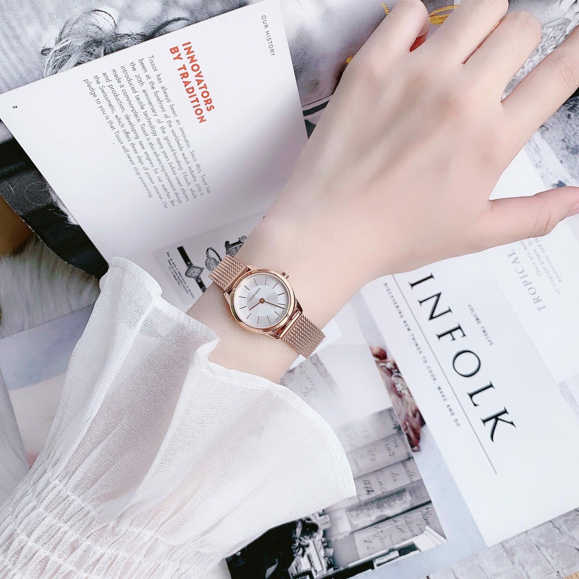 Shop Authentic Calvin Klein Minimal White Dial Rose Gold Mesh Bracelet Watch for Women - K3M23626 - Luxxuri