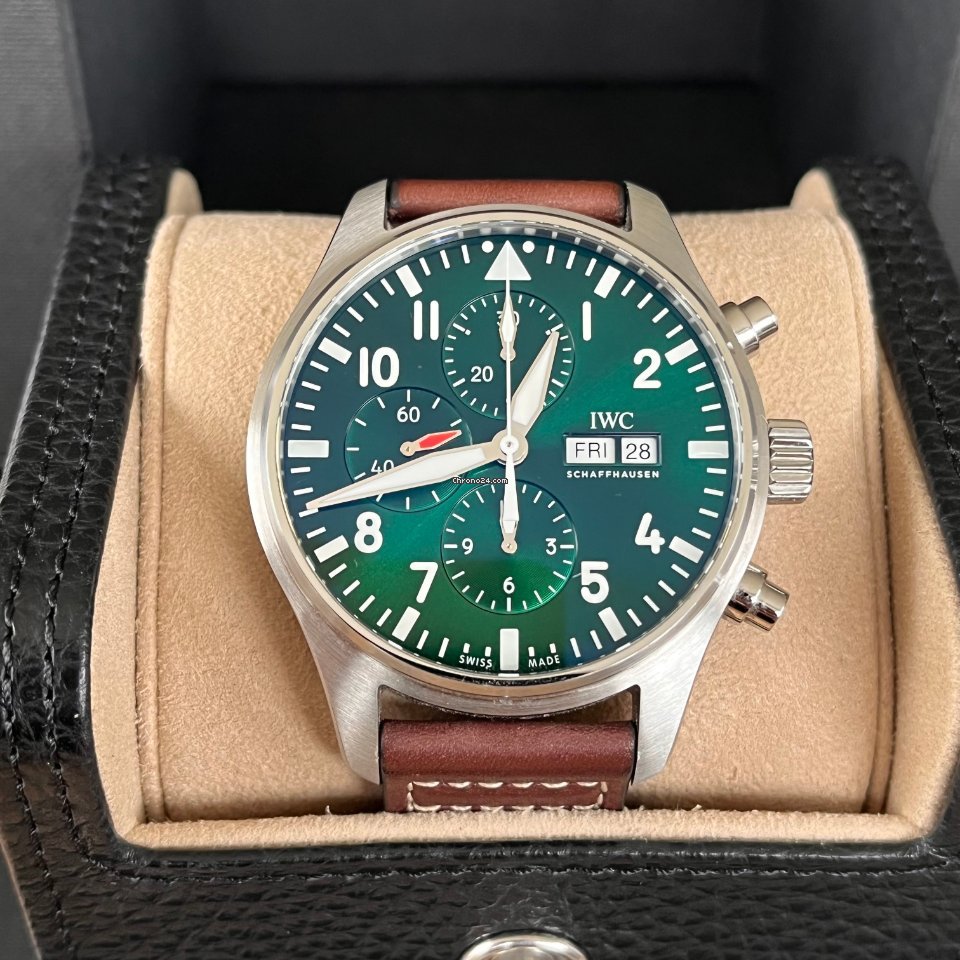  Shop Authentic IWC Pilot's Watch Chronograph Edition Racing Green 43mm Green Dial Brown Leather Strap Watch for Men - IW377726 - Luxxuri