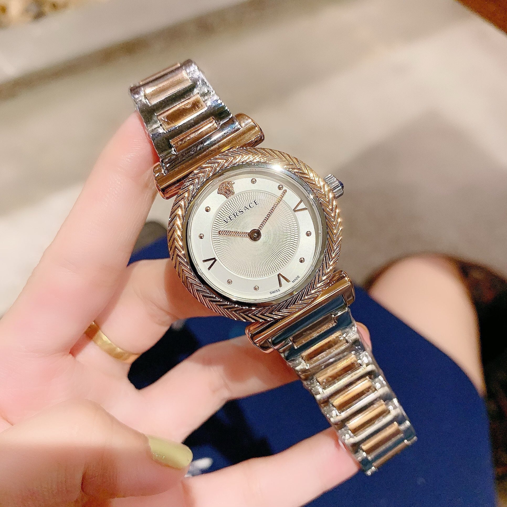  Shop Authentic Versace V-Motif Silver Dial Two Tone Steel Strap Watch for Women - VERE00718 - Luxxuri