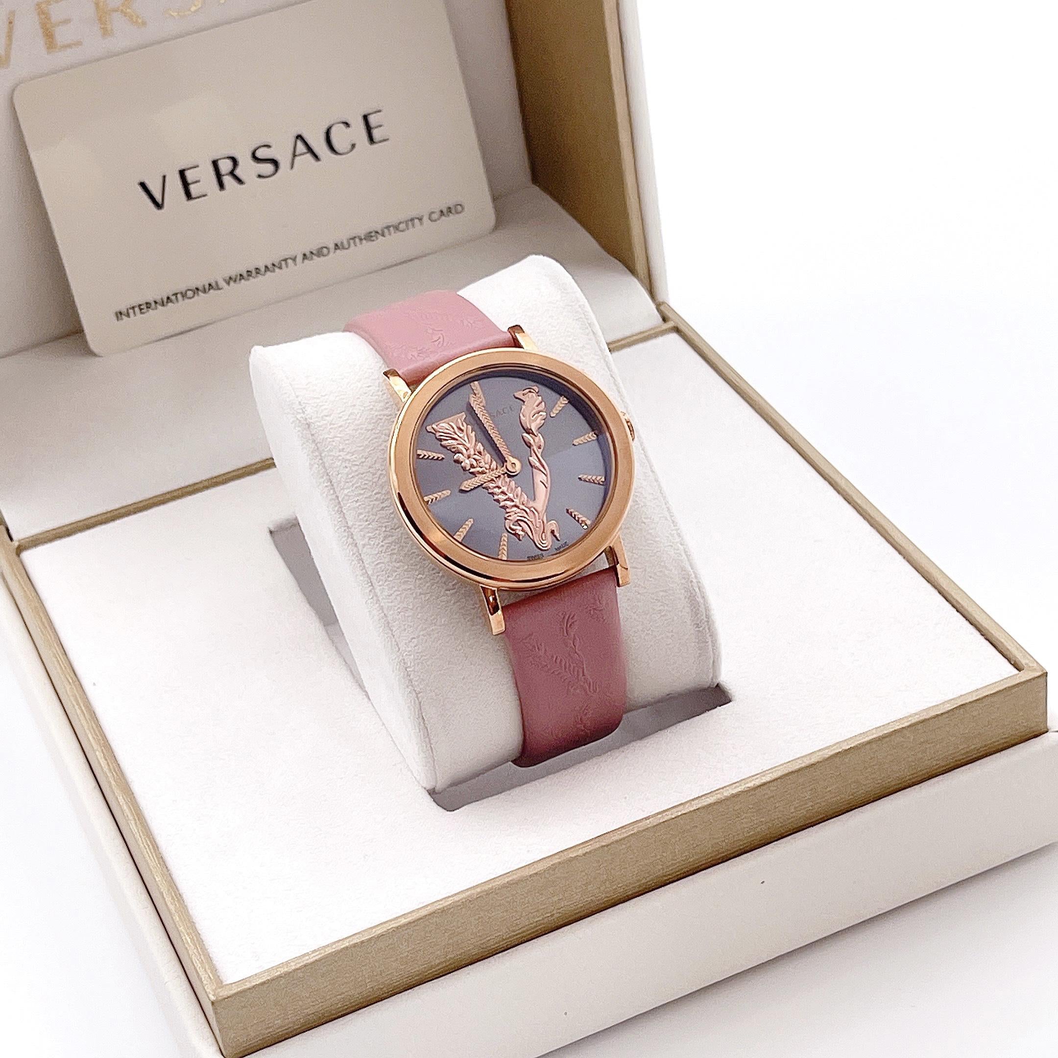 Versace Virtus Quartz Grey Dial Pink Leather Strap Watch for Women - VEHC00319