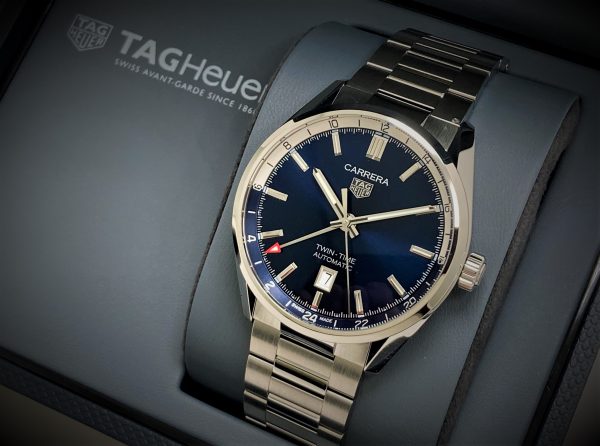 Tag Heuer Carrera Twin Time Blue Dial Silver Steel Strap Watch for Men - WBN201A.BA0640