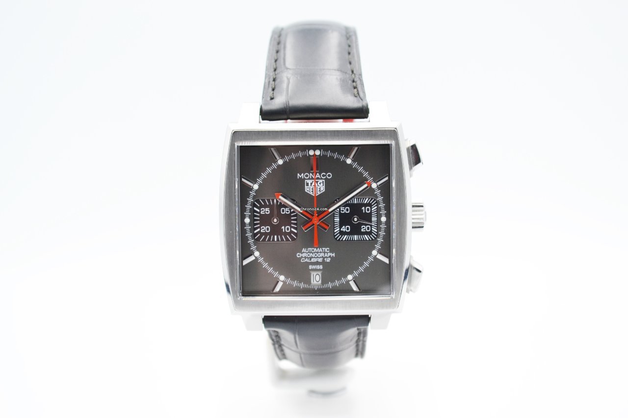 Tag Heuer Monaco Calibre 12 Final Edition Chronograph Grey Dial Black Leather Strap Watch for Men - CAW211J.FC6476