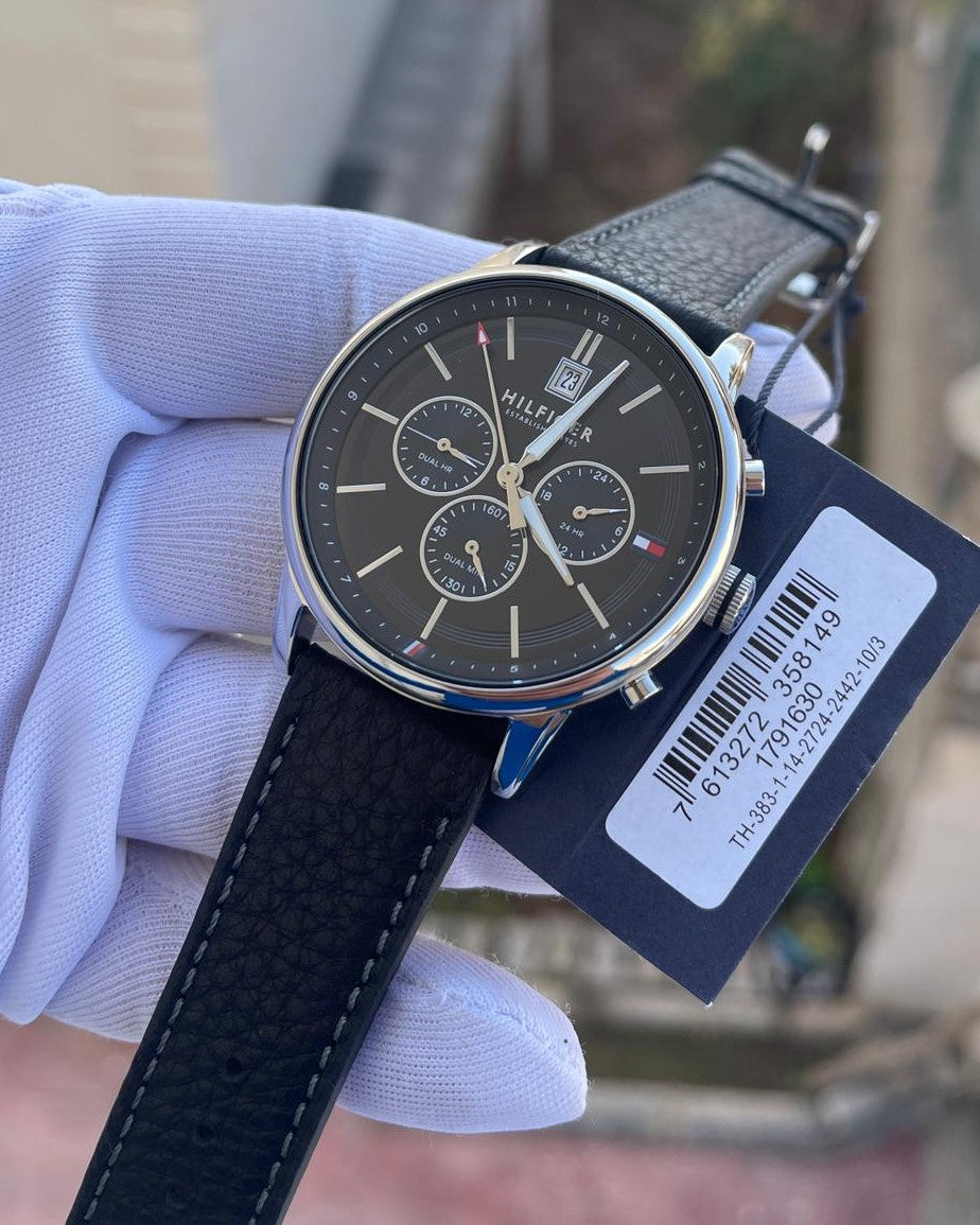  Shop Authentic Tommy Hilfiger Kyle Quartz Black Dial Black Leather Strap Watch for Men - 1791630 - Luxxuri