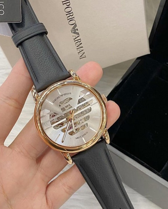  Shop Authentic Emporio Armani Meccanico Skeleton Silver Dial Black Leather Strap Watch For Men - AR60031 - Luxxuri