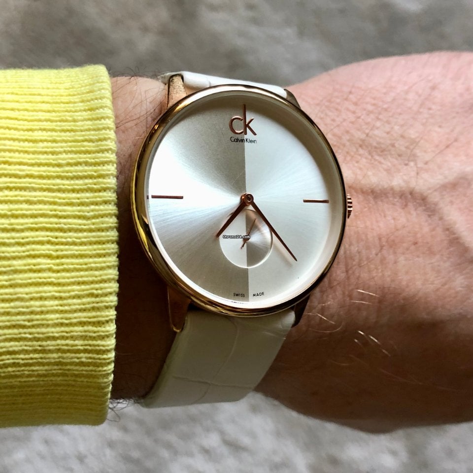  Shop Authentic Calvin Klein Accent Silver Dial White Leather Strap Watch for Women - K2Y211K6 - Luxxuri