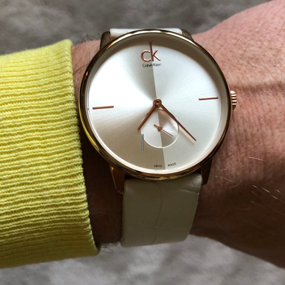  Shop Authentic Calvin Klein Accent Silver Dial White Leather Strap Watch for Women - K2Y216K6 - Luxxuri