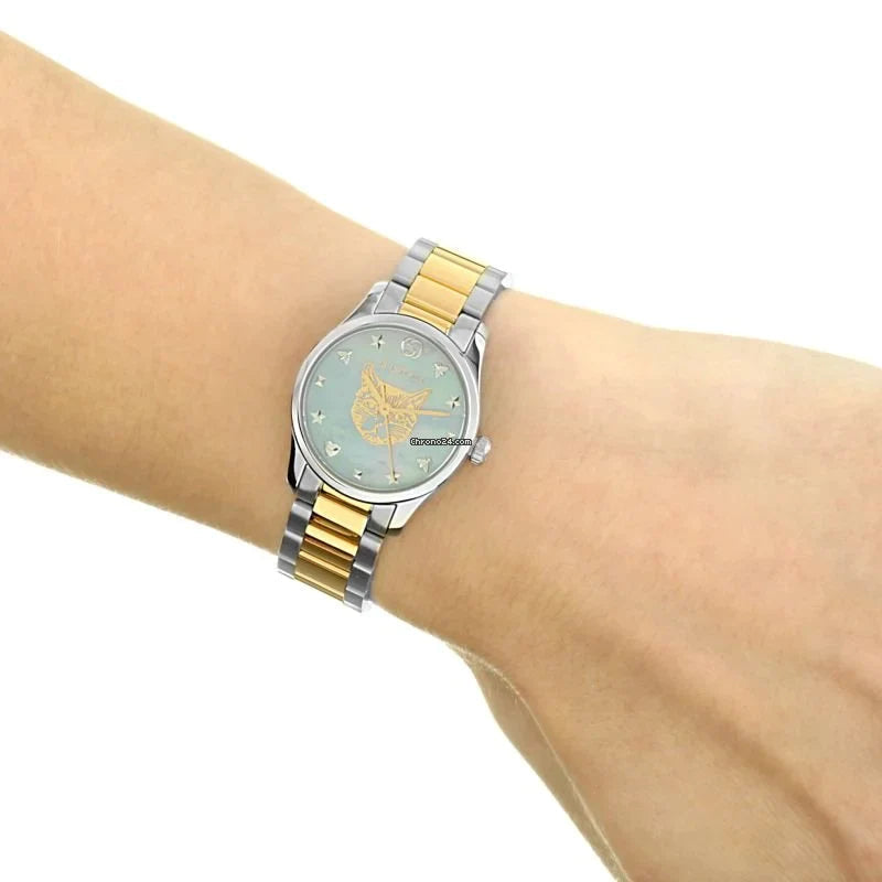  Shop Authentic Gucci G Timeless Quartz Mother of Pearl Blue Dial Two Tone Steel Strap Watch For Women - YA1265011 - Luxxuri