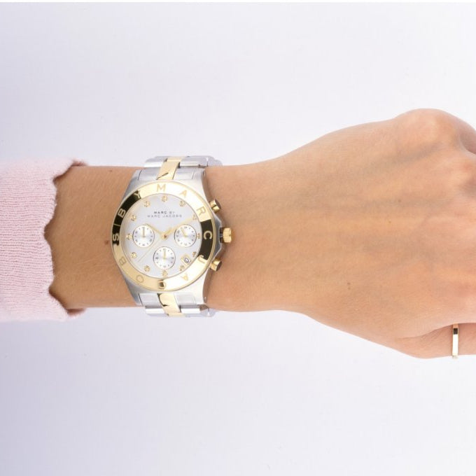  Shop Authentic Marc Jacobs Blade Chronograph Silver Dial Two Tone Steel Strap Watch for Women - MBM3177 - Luxxuri