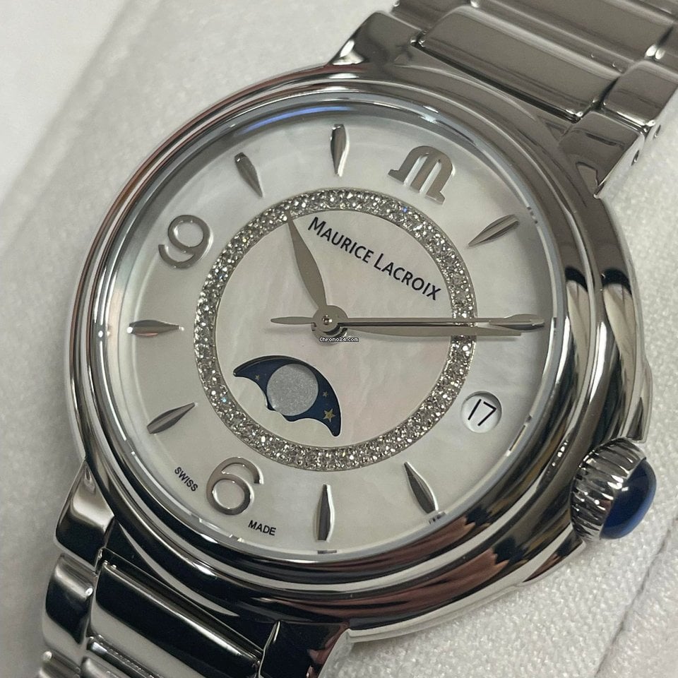  Shop Authentic Maurice Lacroix Fiaba Moonphase White Mother of Pearl Dial Silver Steel Strap Watch for Women - FA1084-SS002-170-1 - Luxxuri