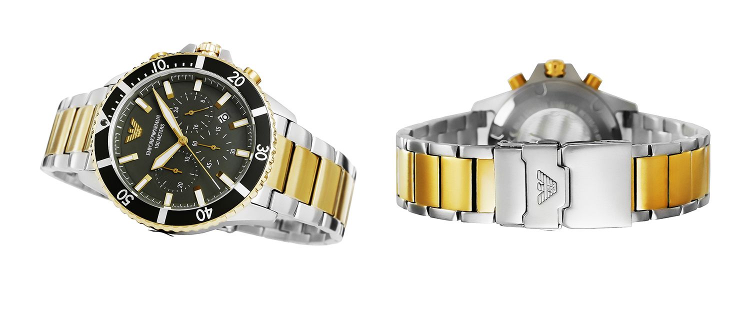  Shop Authentic Emporio Armani Diver Chronograph Green Dial Two Tone Steel Strap Watch For Men - AR11361 - Luxxuri