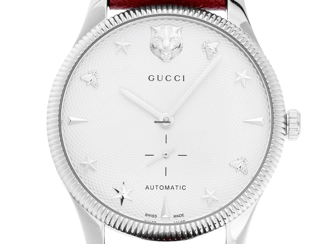  Shop Authentic Gucci G Timeless Automatic Silver Dial Red Leather Strap Watch For Men - YA126346 - Luxxuri