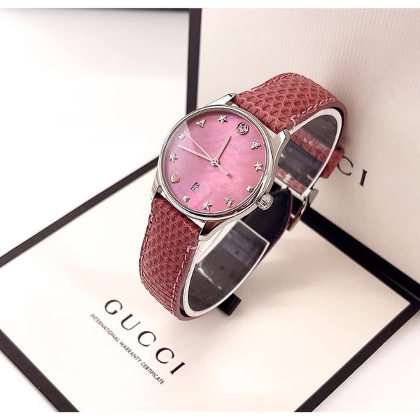  Shop Authentic Gucci G-Timeless Pink Mother of Pearl Dial Pink Leather Strap Watch For Women - YA126586 - Luxxuri