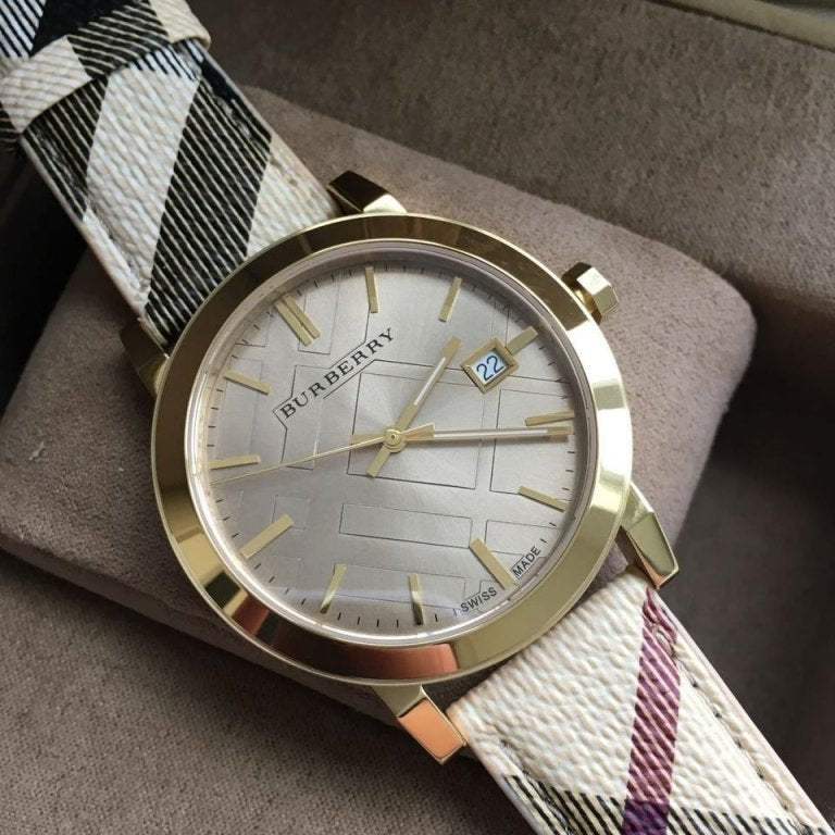 Burberry The City Gold Dial Haymarket Brown Leather Strap Watch for Women - BU9026