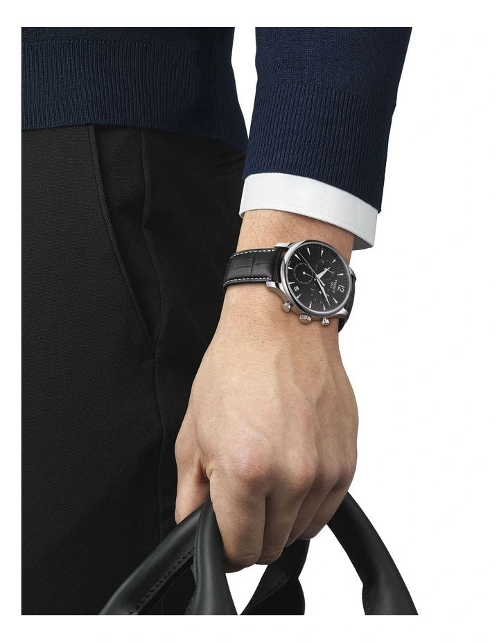  Shop Authentic Tissot Tradition Chronograph Black Dial Black Leather Strap Watch For Men - T0636171605700 - Luxxuri