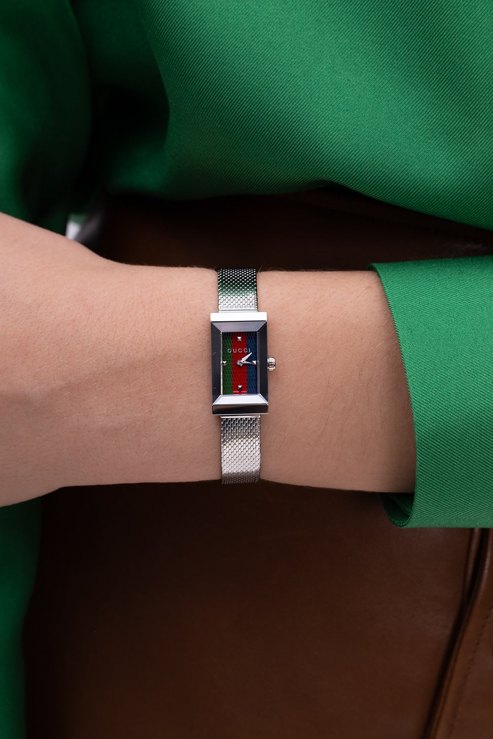  Shop Authentic Gucci G Frame Quartz Diamonds Green & Red Mother of Pearl Dial Silver Mesh Bracelet Watch For Women - YA147510 - Luxxuri