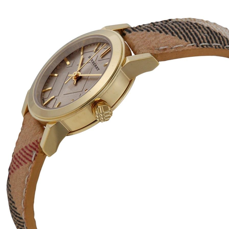  Shop Authentic Burberry The City Gold Dial Haymarket Brown Leather Strap Watch for Women - BU9219 - Luxxuri