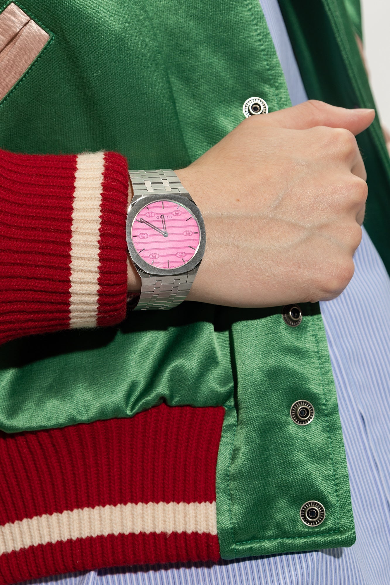  Shop Authentic Gucci 25H Quartz Pink Dial Silver Steel Strap Watch for Women - YA163410 - Luxxuri
