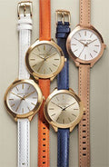 Michael Kors Runway Quartz Gold Dial Blue Leather Strap Watch For Women - MK2285