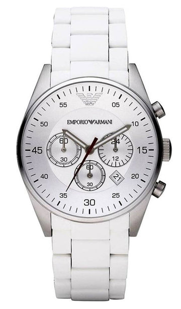  Shop Authentic Emporio Armani Sport Chronograph White Dial White Silicone Strap Watch For Men - AR5859 - Luxxuri