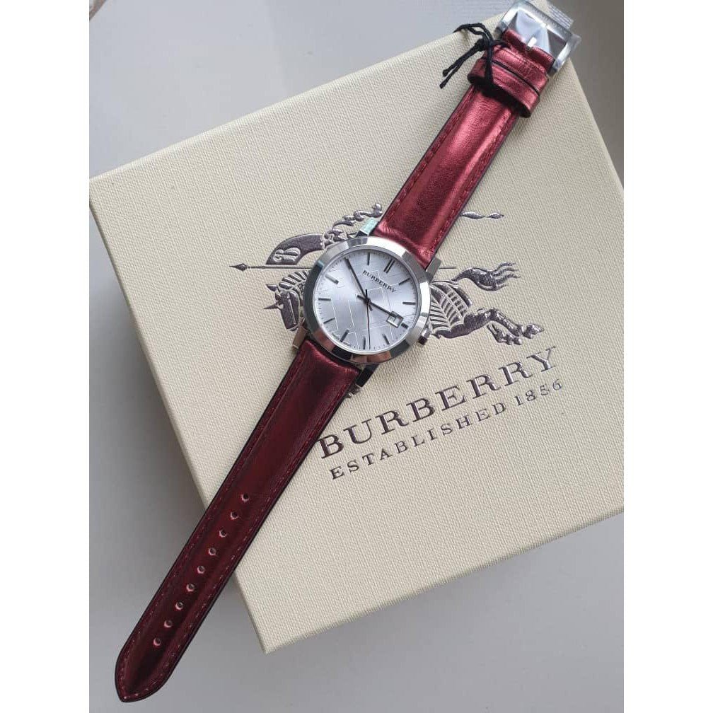  Shop Authentic Burberry The City Silver Dial Red Leather Strap Watch for Women - BU9129 - Luxxuri