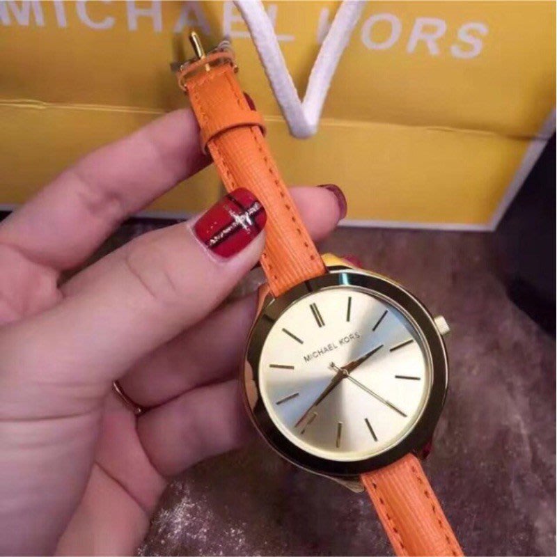  Shop Authentic Michael Kors Runway Quartz Gold Dial Orange Leather Strap Watch For Women - MK2275 - Luxxuri