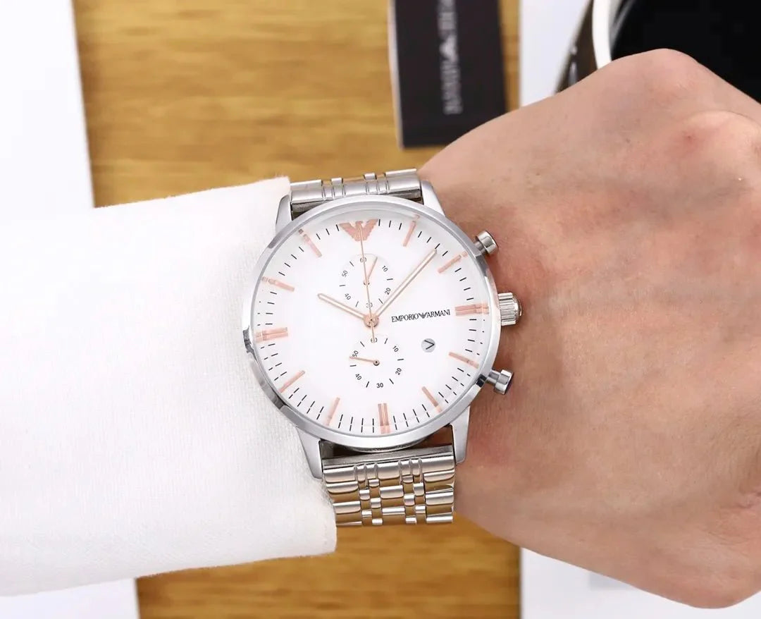  Shop Authentic Emporio Armani Chonograph SIlver Dial Silver Steel Strap Watch For Men - AR1933 - Luxxuri