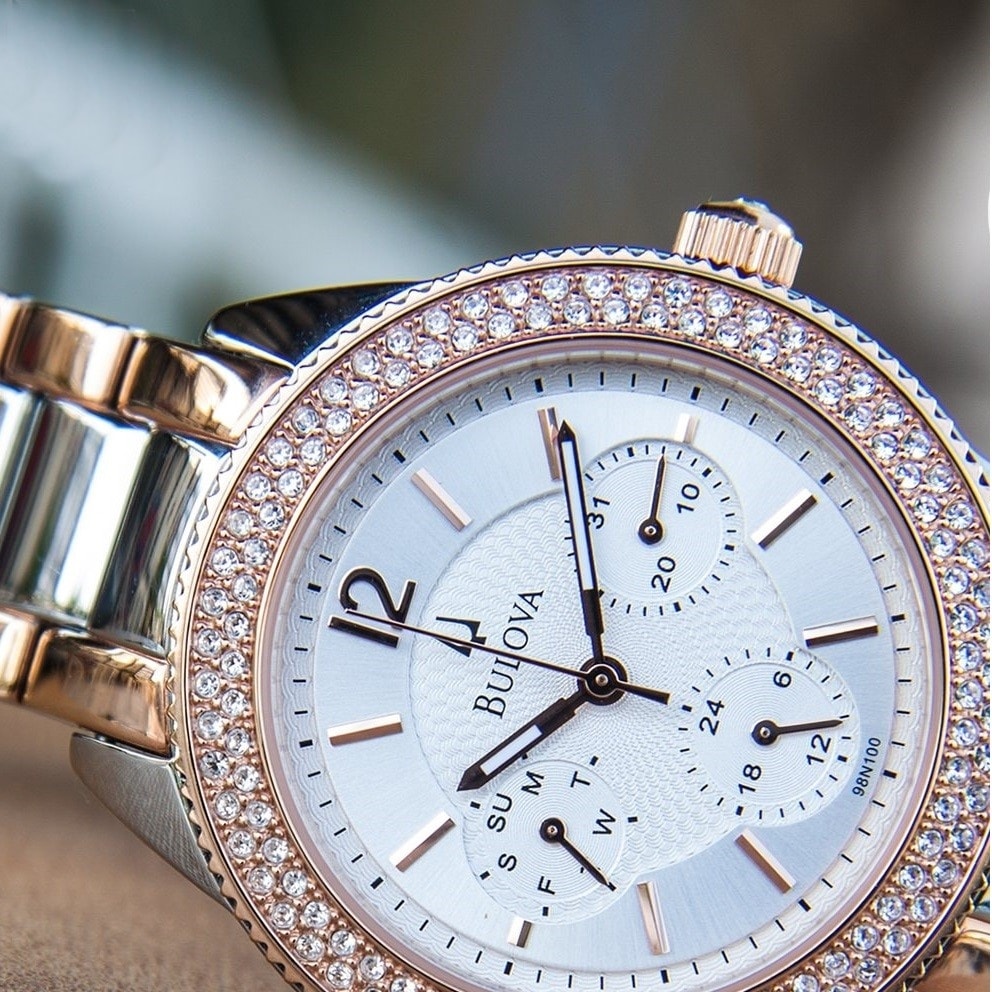  Shop Authentic Bulova Crystal Collection Silver Dial Two Tone Steel Strap Watch for Women - 98N100 - Luxxuri