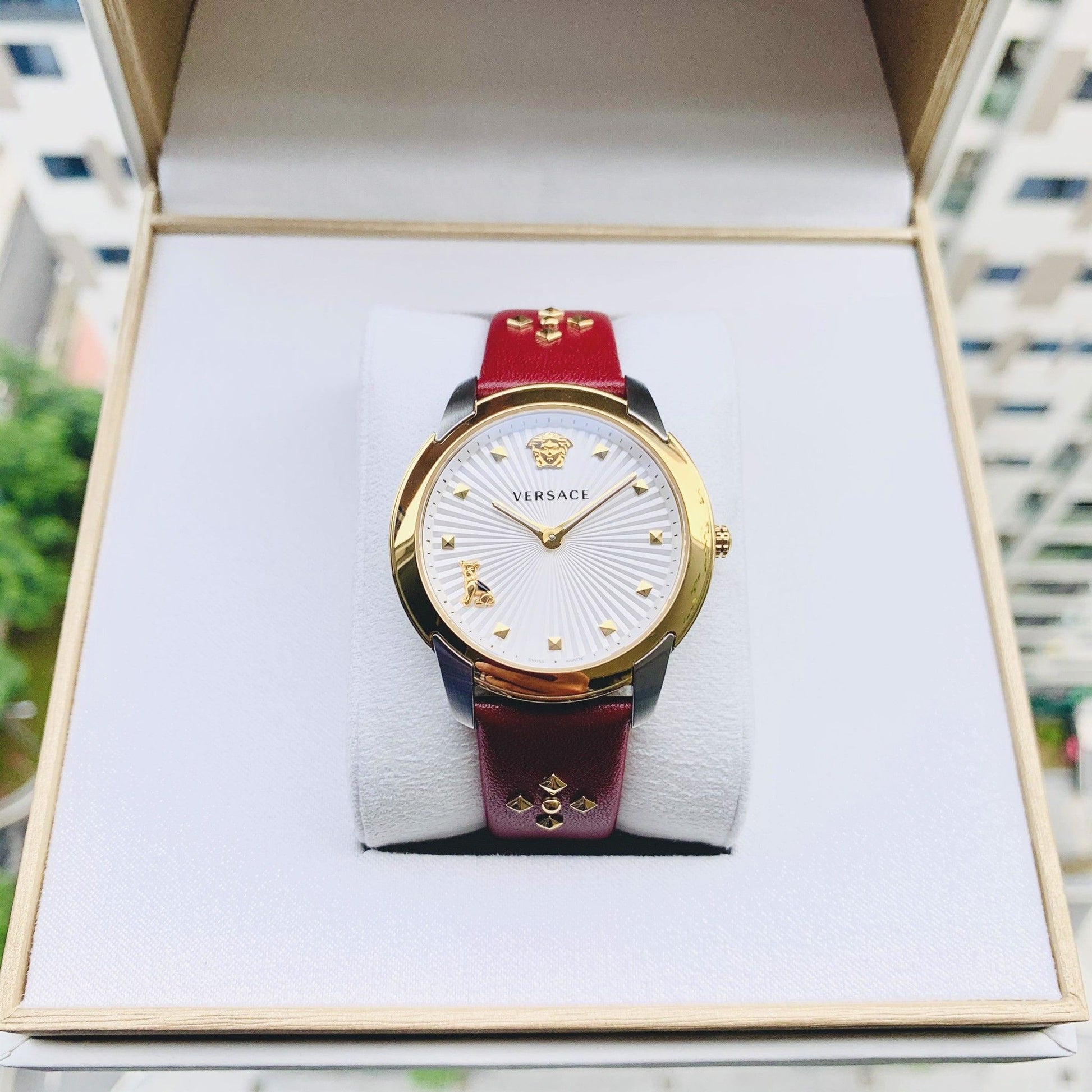  Shop Authentic Versace Audrey Quartz Silver Dial Red Leather Strap Watch for Women - VELR00219 - Luxxuri