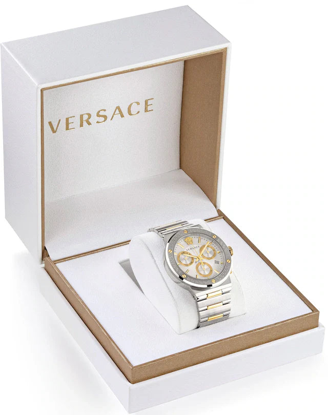  Shop Authentic Versace Greca Chronograph White Dial Two Tone Steel Strap Watch For Men - VEZ900321 - Luxxuri