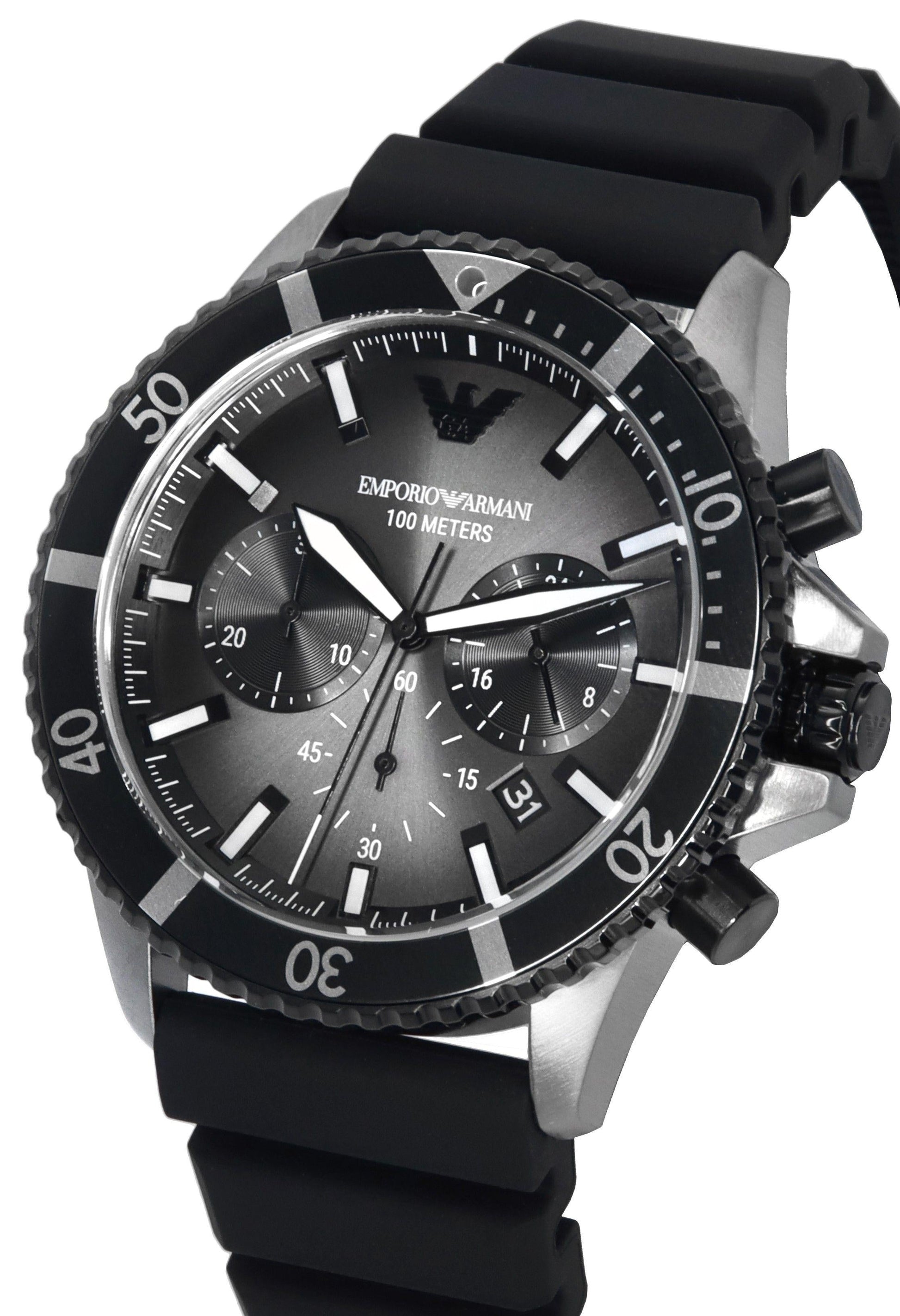  Shop Authentic Emporio Armani Diver Chronograph Black Dial Black Silicon Strap Watch For Men - AR11515 - Luxxuri