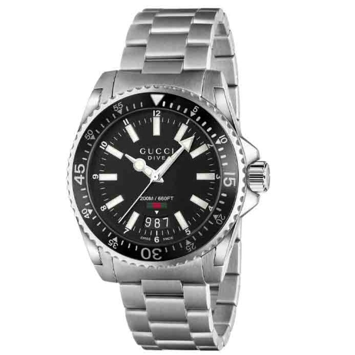  Shop Authentic Gucci Dive Quartz Black Dial Silver Steel Strap Watch For Men - YA136301A - Luxxuri