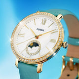  Shop Authentic Fossil Jacqueline Analog Moonphase Mother of Pearl White Dial Green Leather Strap Watch for Women - ES5168 - Luxxuri