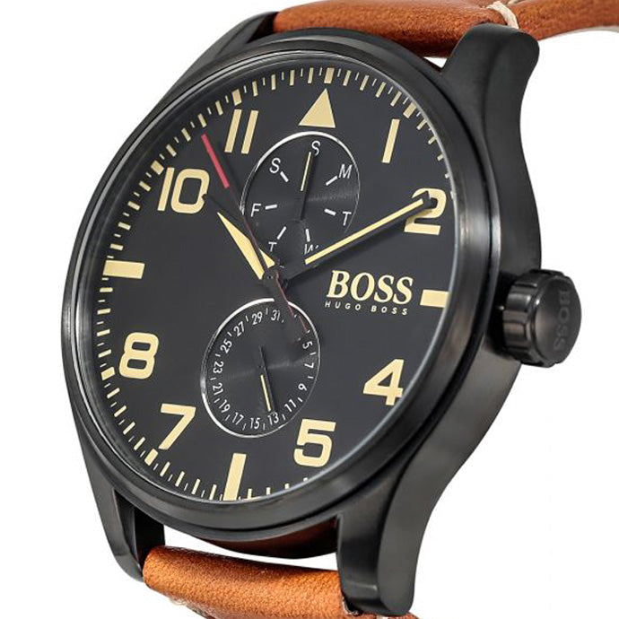 Hugo Boss Aeroliner Maxx Chronograph Black Dial Brown Leather Strap Watch For Men - 1513082