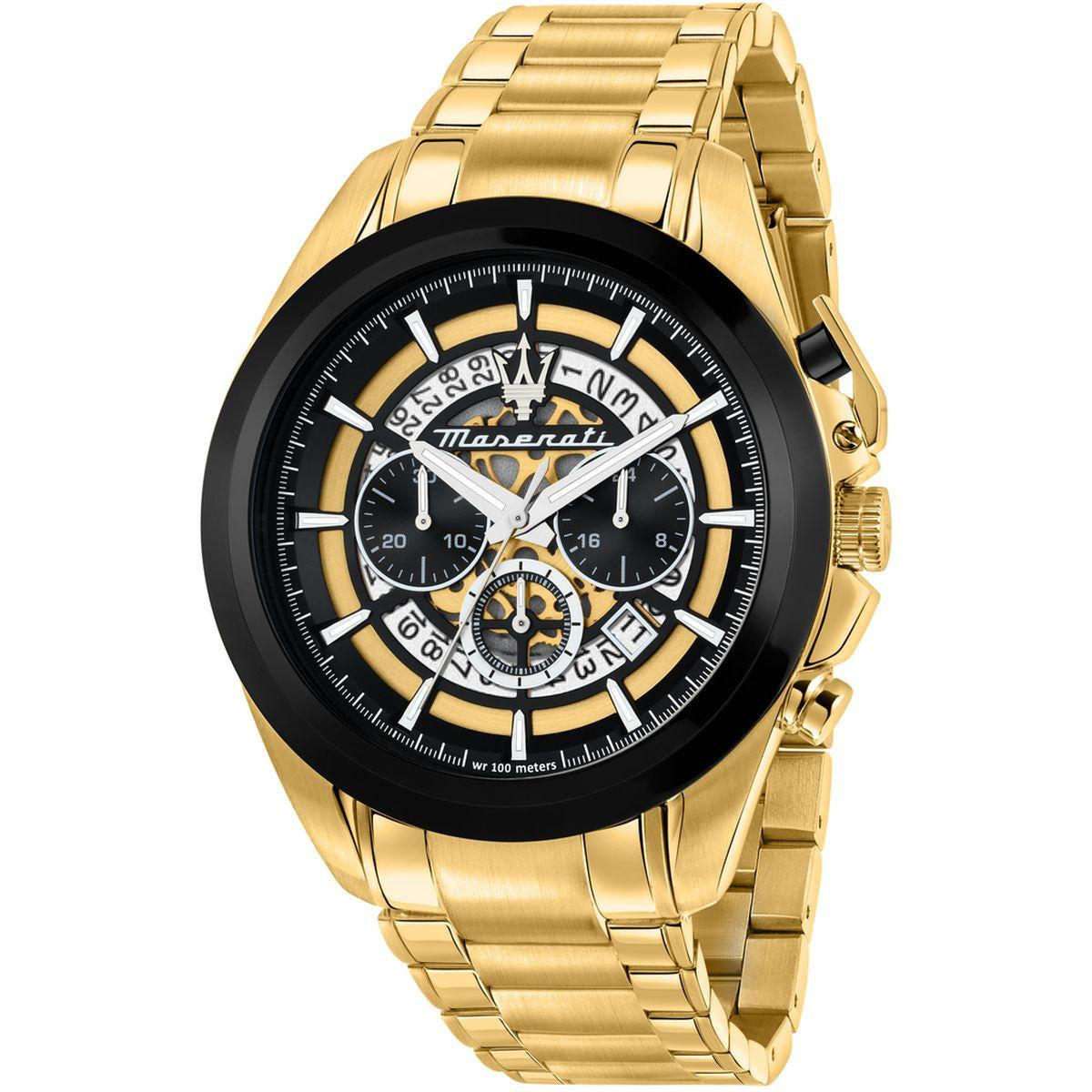  Shop Authentic Maserati Traguardo Skeleton Black Dial Gold Steel Strap Watch For Men - R8873612058 - Luxxuri