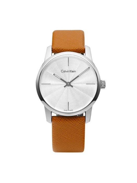  Shop Authentic Calvin Klein City Silver Dial Orange Leather Strap Watch for Women - K2G231G6 - Luxxuri